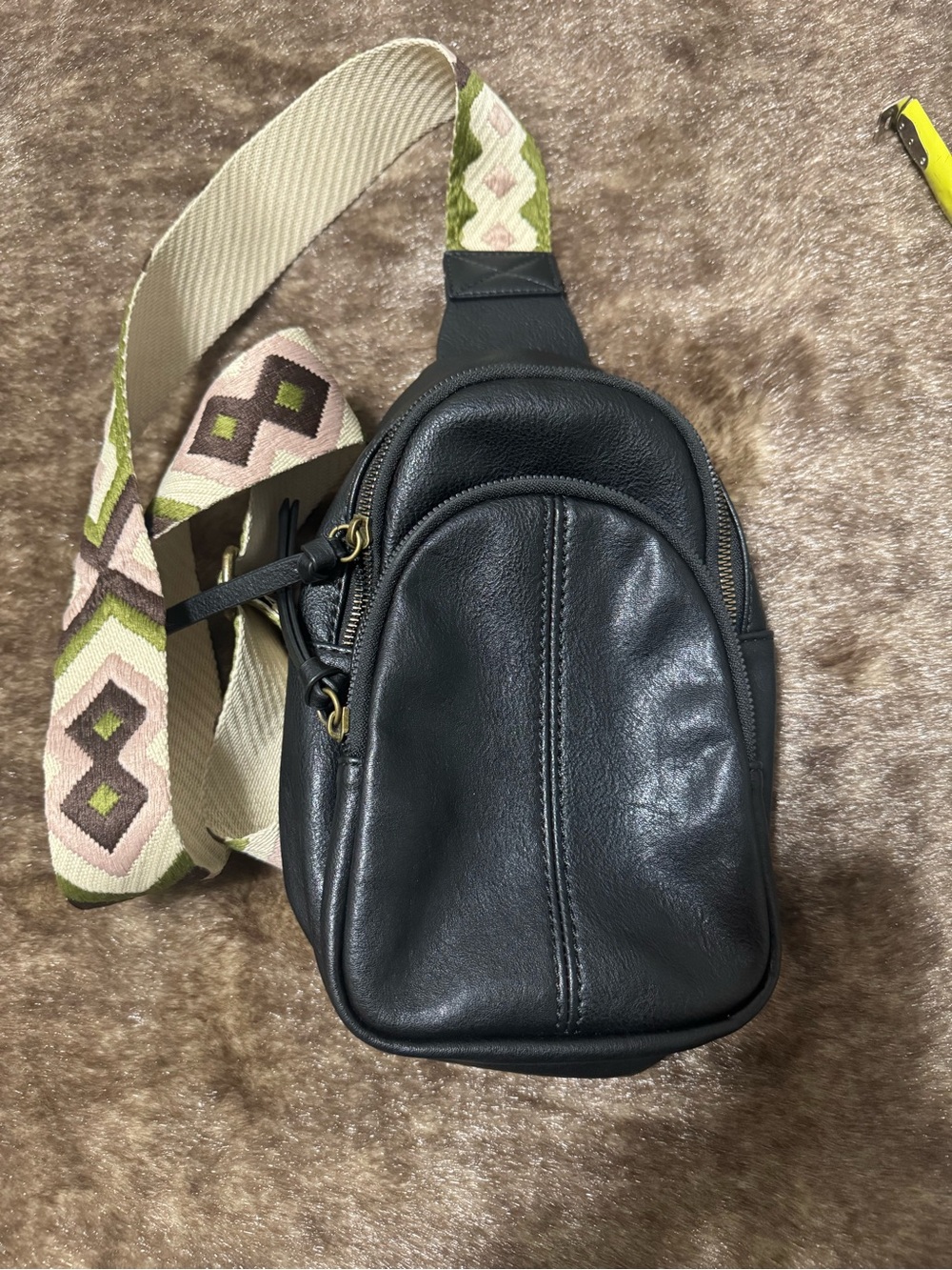 Black Vegan Leather Crossbody Sling Bag with Patterned Strap